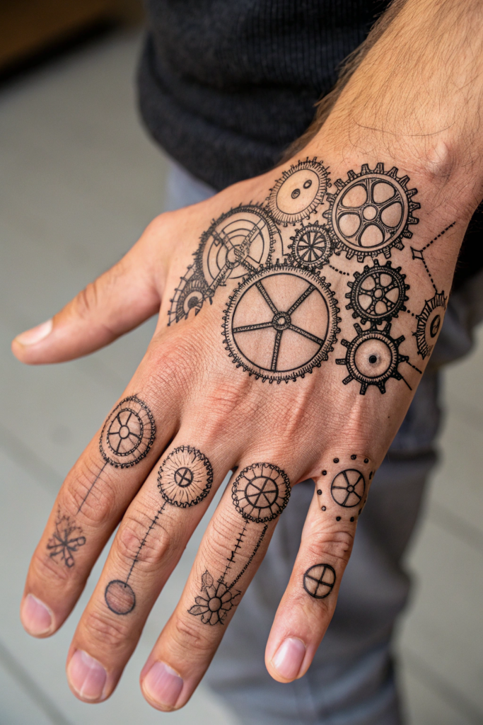 Finger Tattoos Ideas For Men: Timepiece Gears