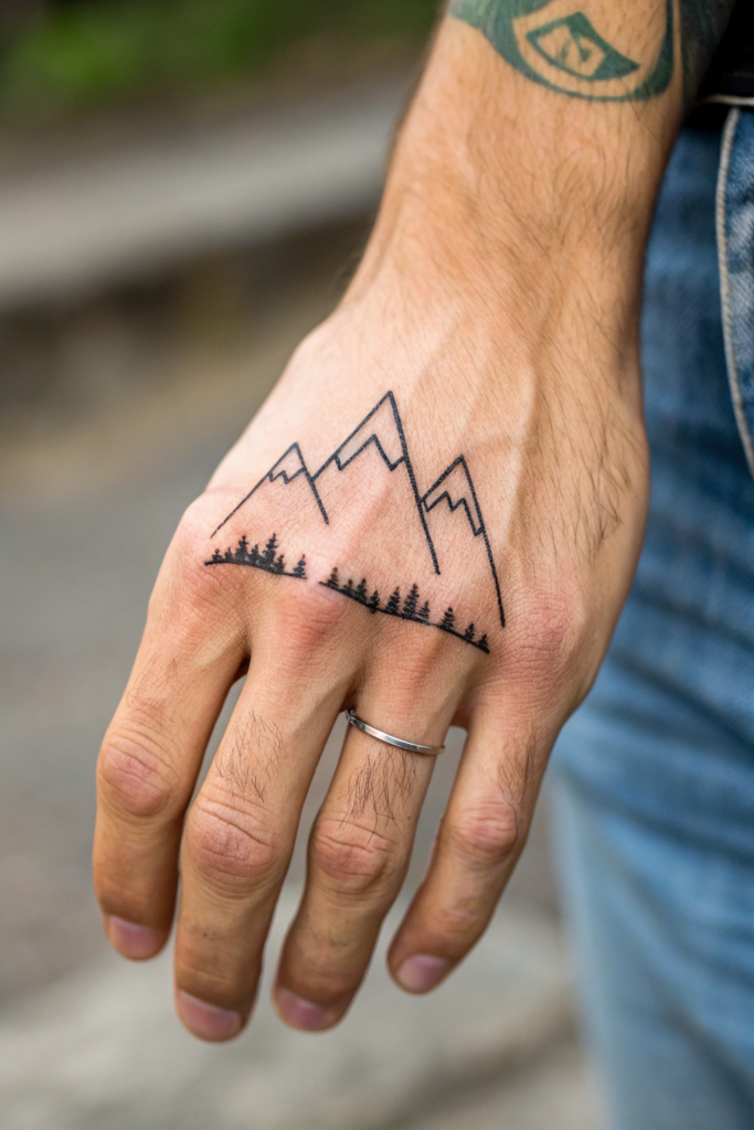 Finger Tattoos Ideas For Men: Mountain Range Outline