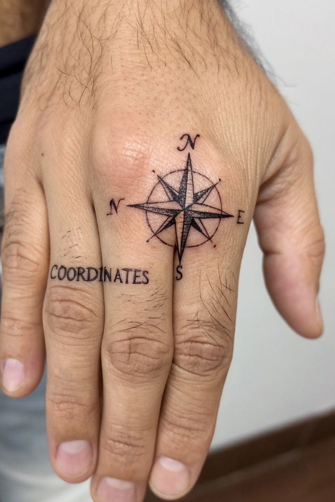 Finger Tattoos Ideas For Men: Compass Rose with Coordinates