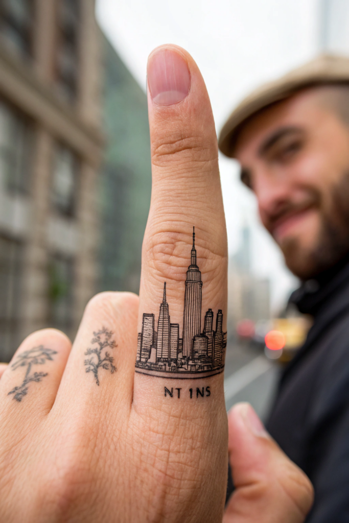 Finger Tattoos Ideas For Men: Microscopic City Skyline