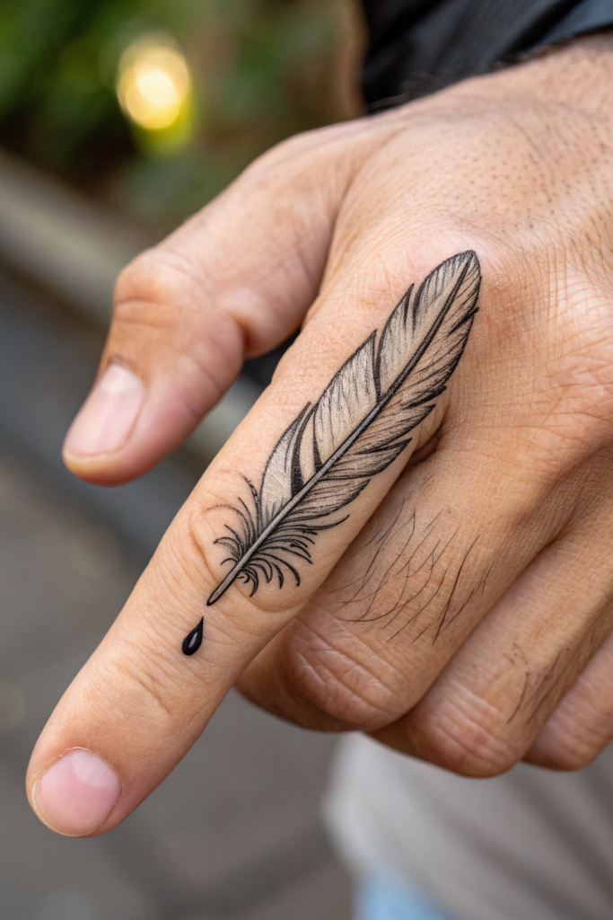 Finger Tattoos Ideas For Men: Microscopic Feather Quill