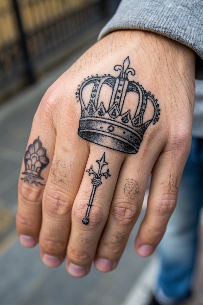 Finger Tattoos Ideas For Men: Tiny Crown and Scepter