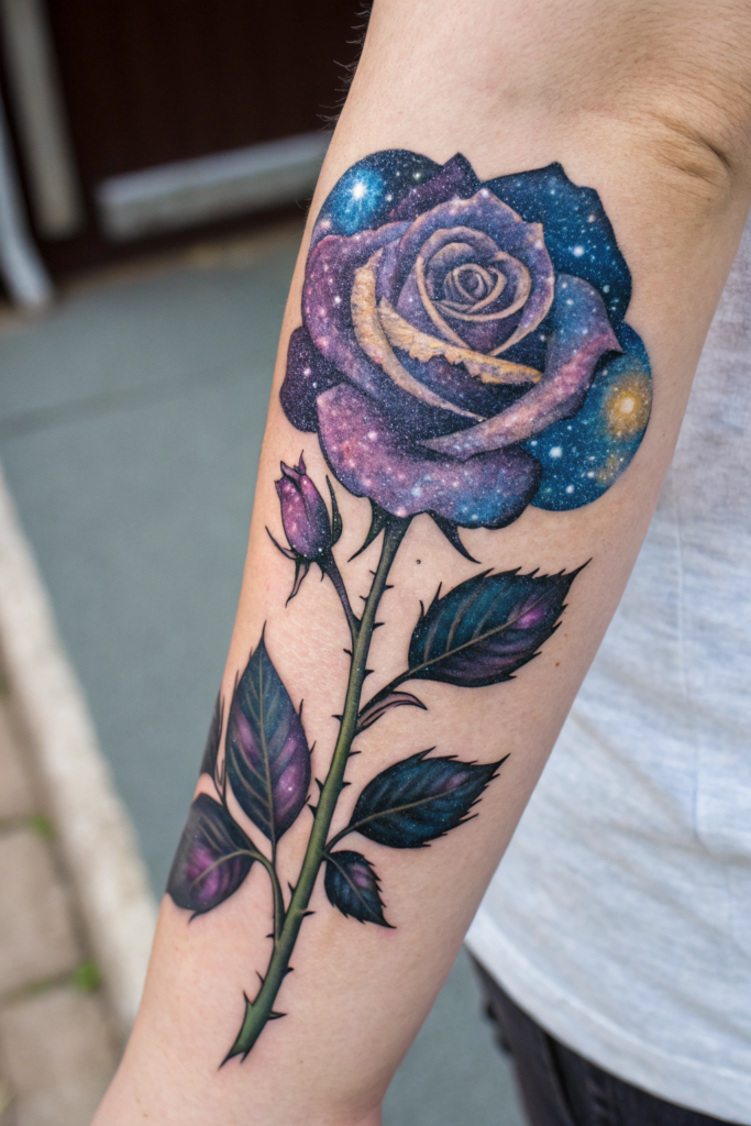 Traditional Rose Tattoo Ideas: Galactic Rose with Nebula Accents