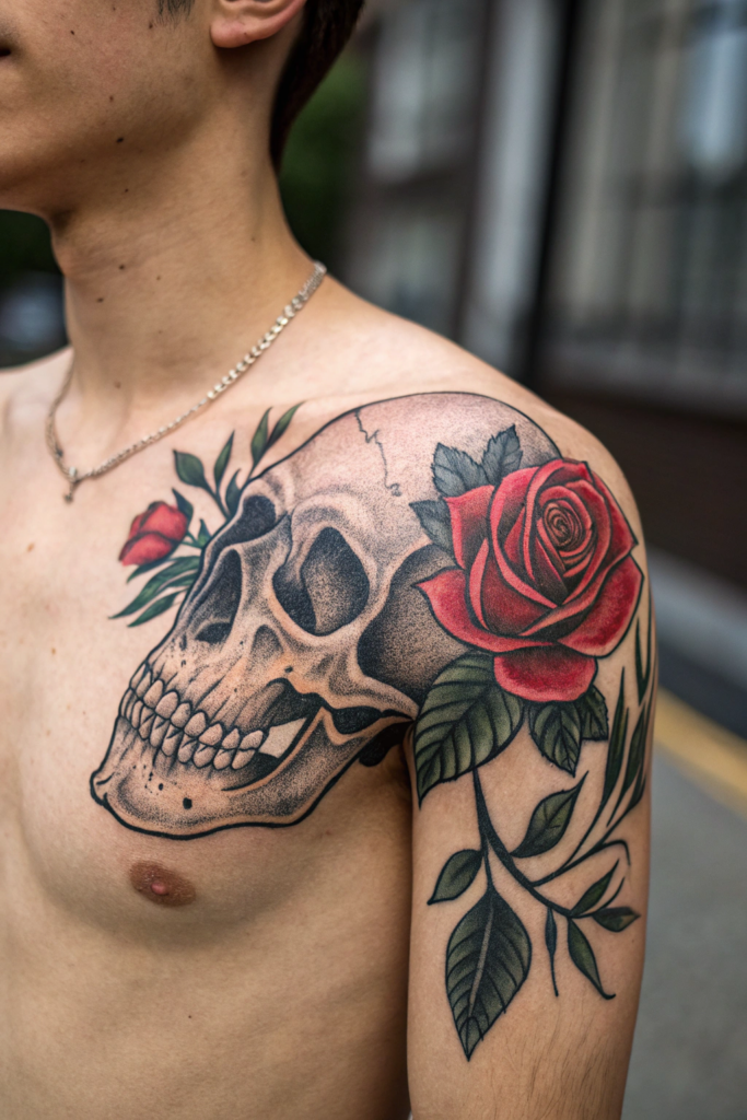 Traditional Rose Tattoo Ideas: Rose Growing from a Skull’s Eye Socket