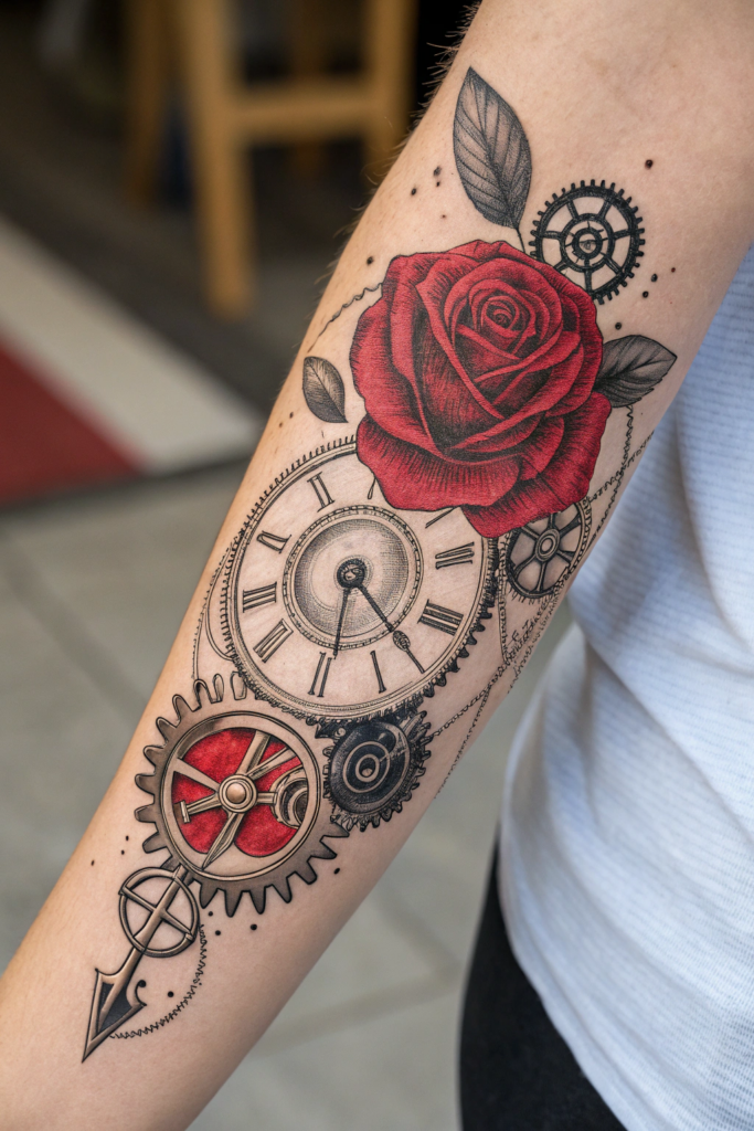 Traditional Rose Tattoo Ideas: Rose with Clockwork Gears and Steampunk Elements