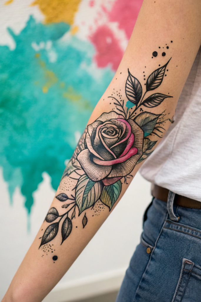 Traditional Rose Tattoo Ideas: Rose with Watercolor Splash Background