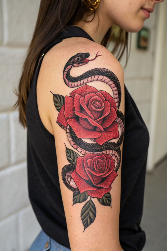 Traditional Rose Tattoo Ideas: Rose with a Snake Coiled Around It