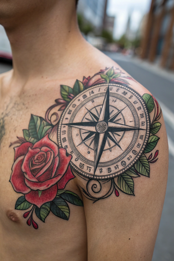 Traditional Rose Tattoo Ideas: Rose with a Compass in the Center