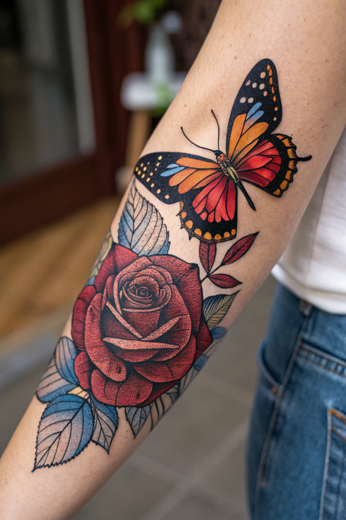 Traditional Rose Tattoo Ideas: Rose with a Butterfly Emerging from It