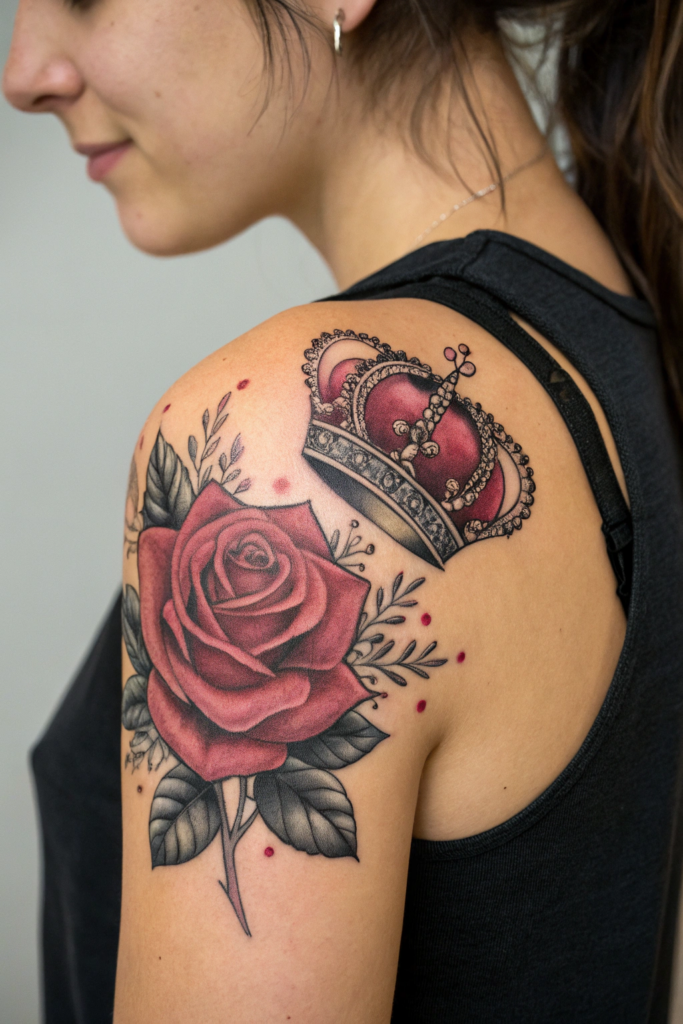 Traditional Rose Tattoo Ideas: Rose with a Crown Resting on Its Petals