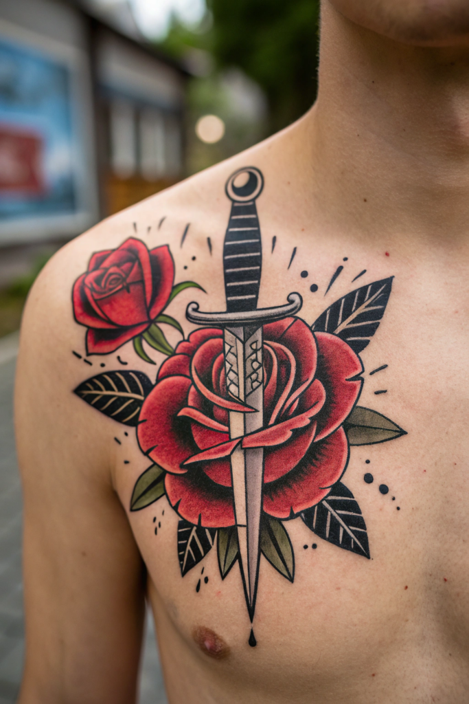 Traditional Rose Tattoo Ideas: Rose with a Dagger Piercing Through It