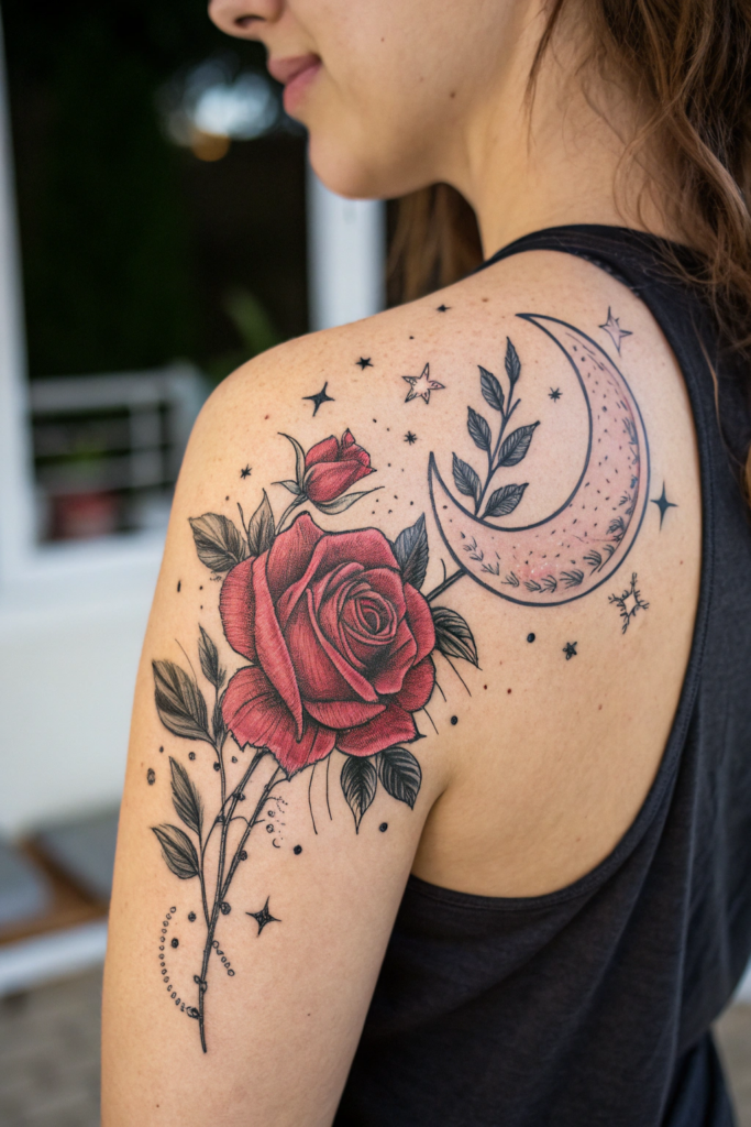 Traditional Rose Tattoo Ideas: Rose with a Crescent Moon and Stars