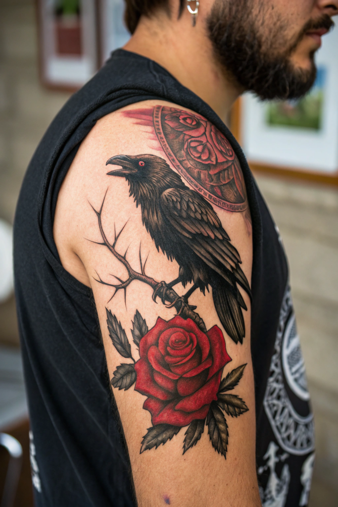 Traditional Rose Tattoo Ideas: Rose with a Raven Perched on Its Stem