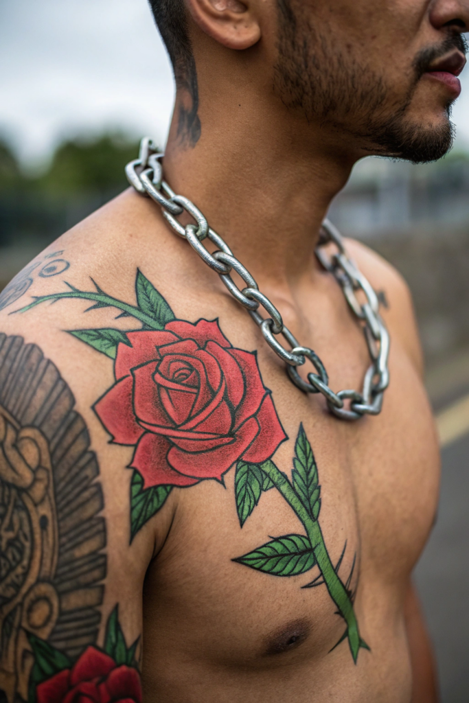 Traditional Rose Tattoo Ideas: Rose with a Broken Chain Wrapped Around It