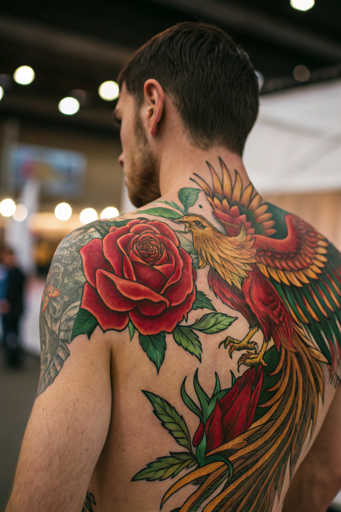 Traditional Rose Tattoo Ideas: Rose with a Phoenix Rising from Its Petals