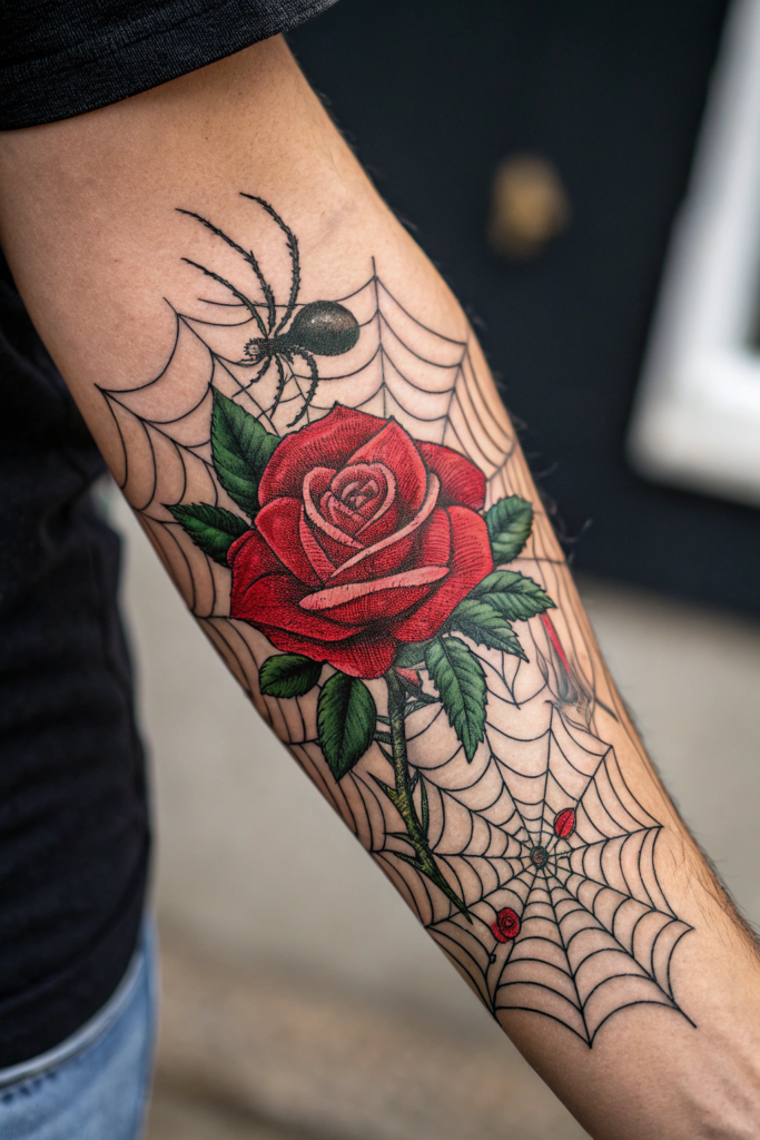 Traditional Rose Tattoo Ideas: Rose with a Spider Web Background