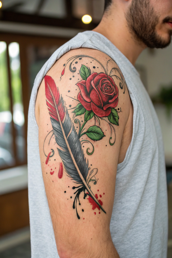 Traditional Rose Tattoo Ideas: Rose with a Quill Pen and Ink Splatter