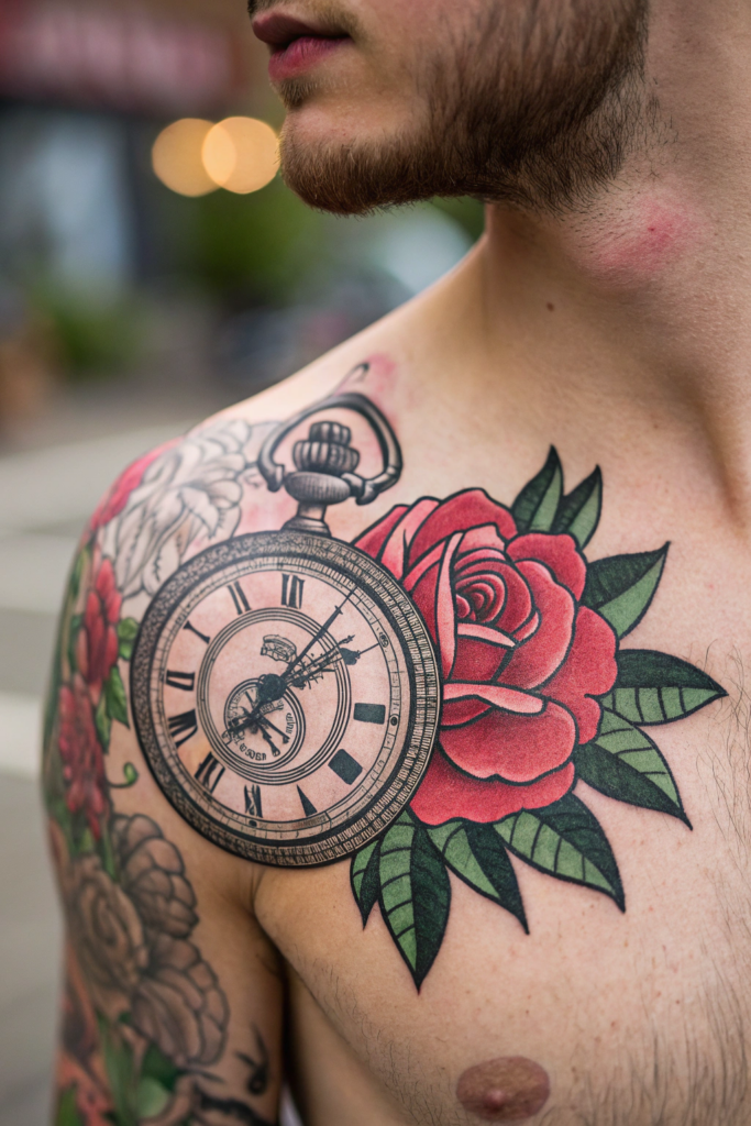 Traditional Rose Tattoo Ideas: Rose with a Pocket Watch Embedded in Its Center