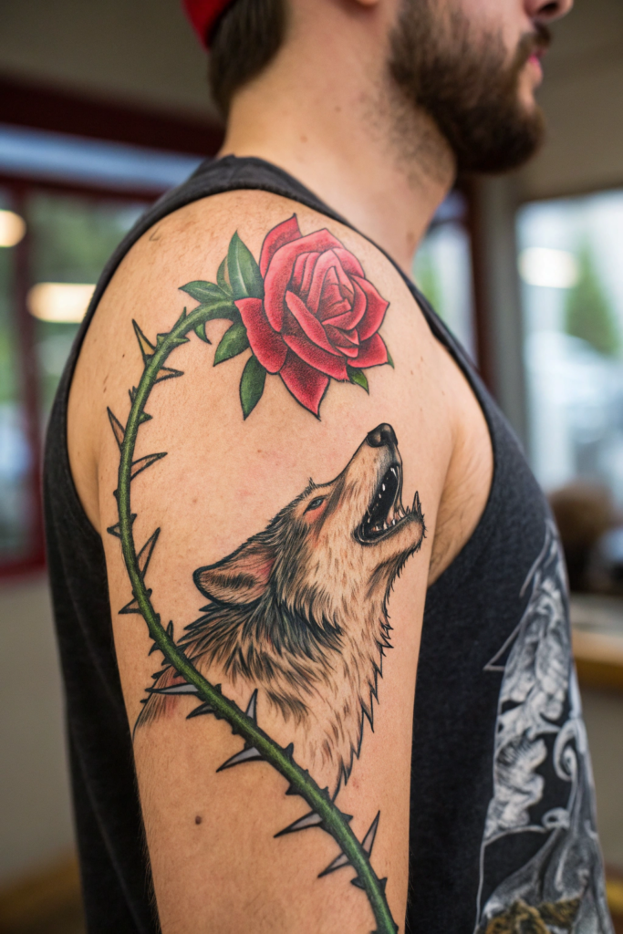 Traditional Rose Tattoo Ideas: Rose with a Wolf Howling at Its Stem