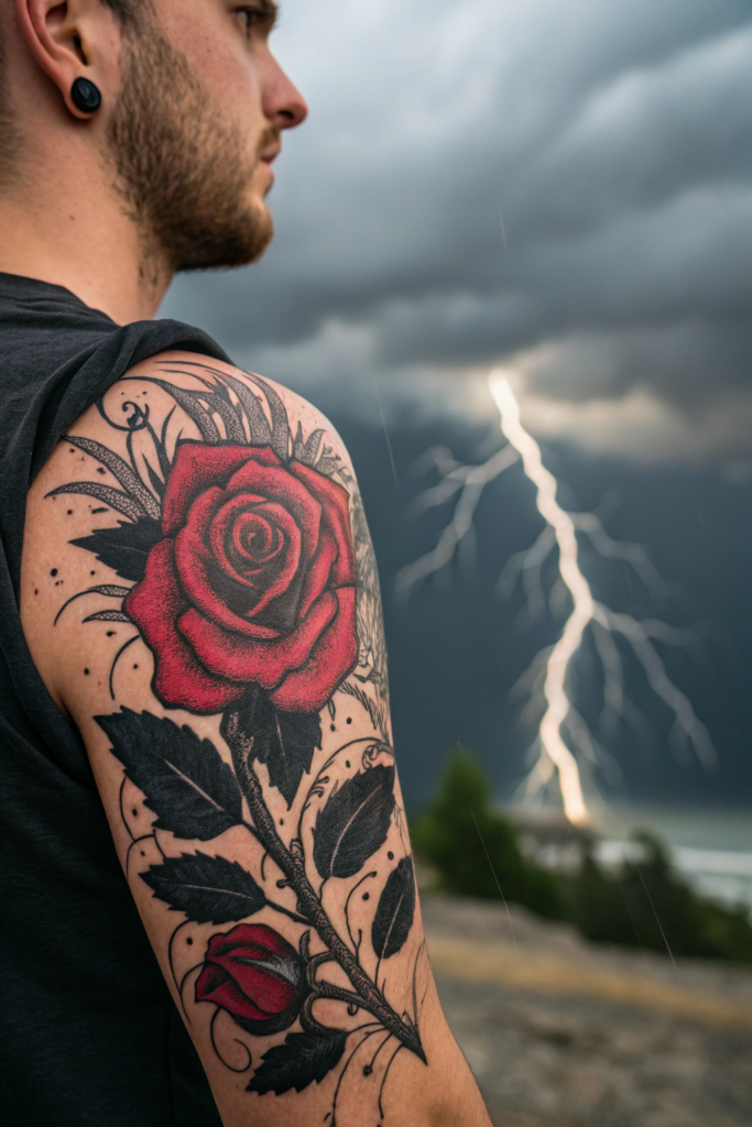 Traditional Rose Tattoo Ideas: Rose with a Stormy Sky Background