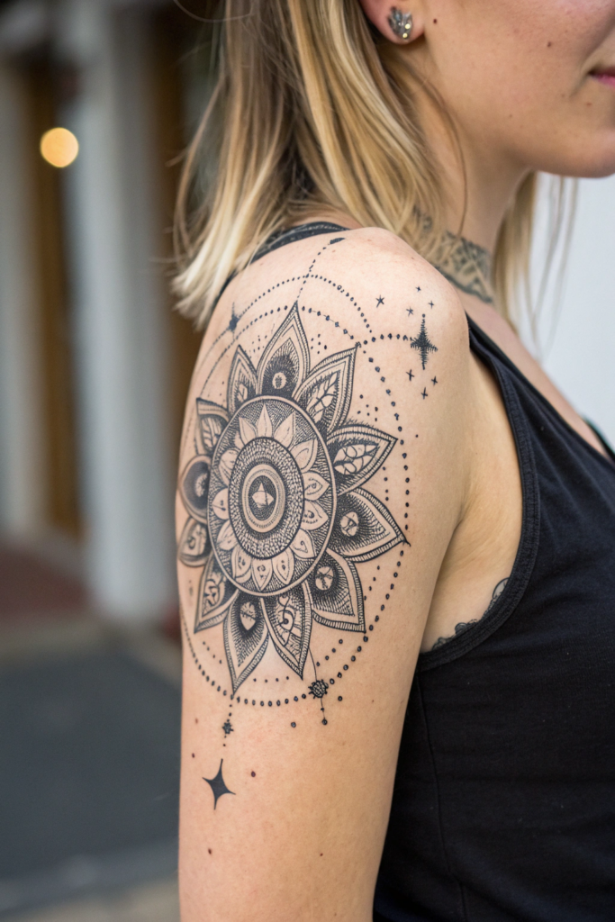 Half Mandala Tattoo Ideas: Celestial Half Mandala with Constellations