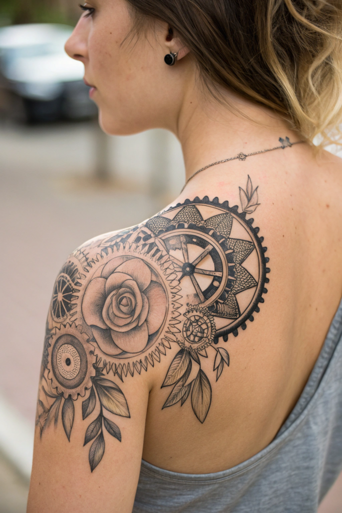 Half Mandala Tattoo Ideas: Floral Biomechanical Half Mandala