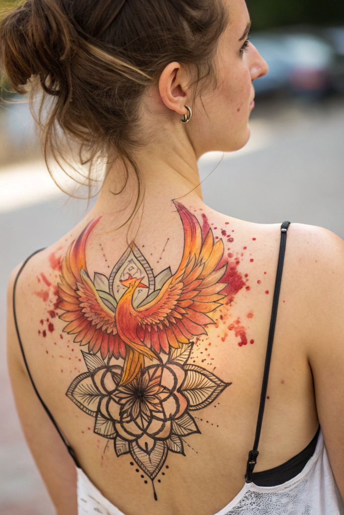 Half Mandala Tattoo Ideas: Watercolor Phoenix Half Mandala