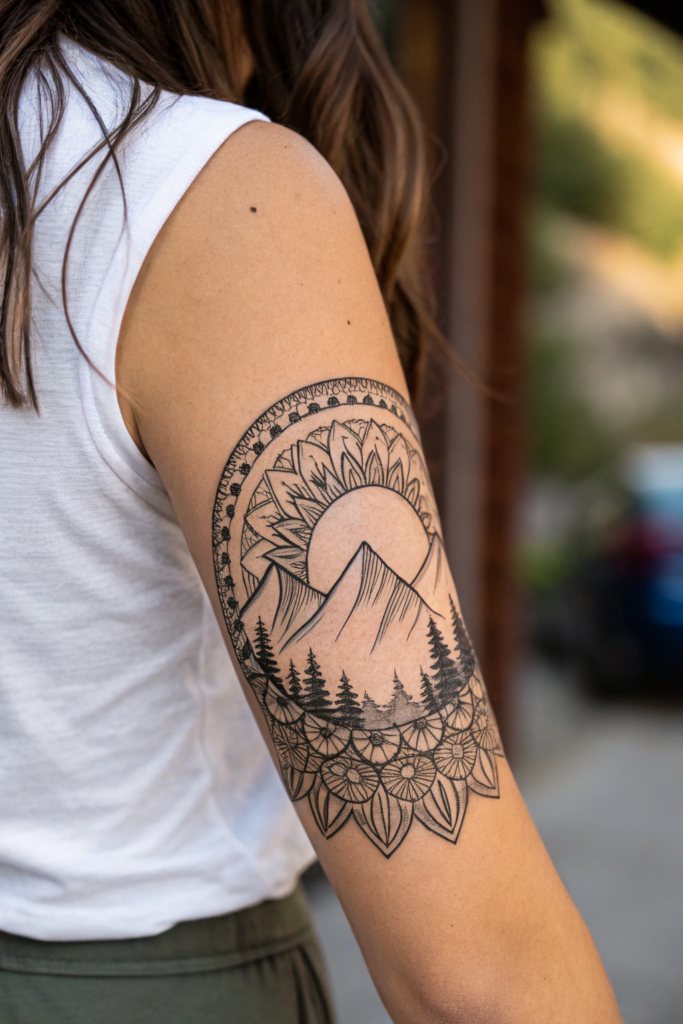 Half Mandala Tattoo Ideas: Minimalist Mountain Range Half Mandala