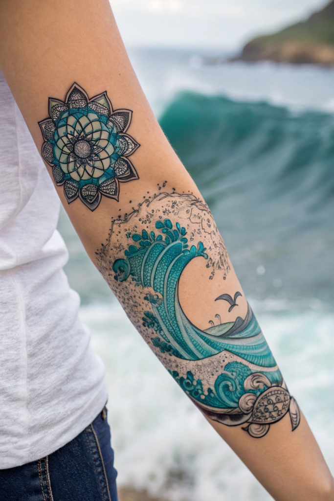 Half Mandala Tattoo Ideas: Ocean Wave Half Mandala