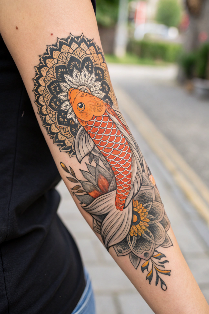 Half Mandala Tattoo Ideas: Koi Fish Half Mandala