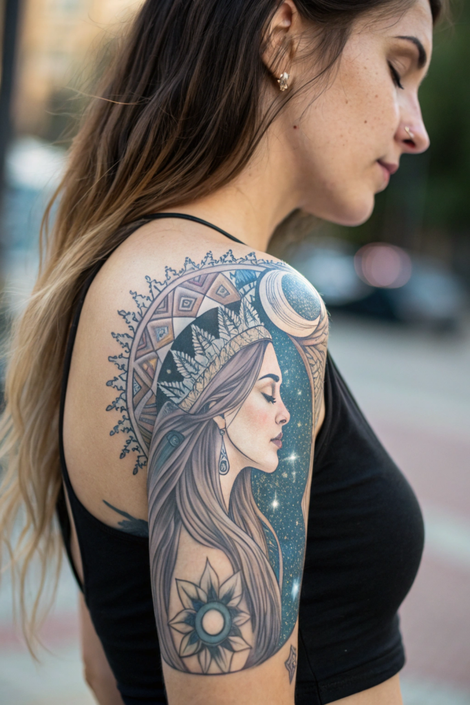 Half Mandala Tattoo Ideas: Galactic Goddess Half Mandala