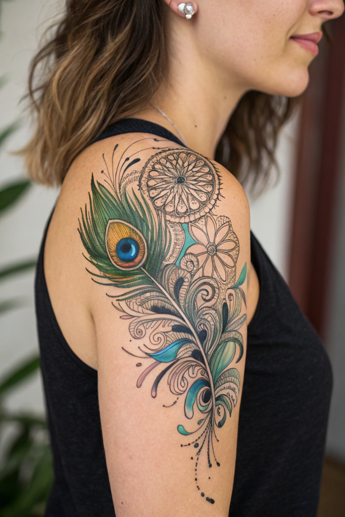 Half Mandala Tattoo Ideas: Peacock Feather Half Mandala