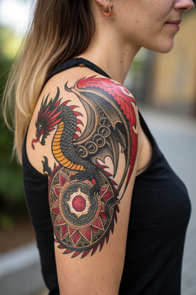 Half Mandala Tattoo Ideas: Mythical Dragon Half Mandala