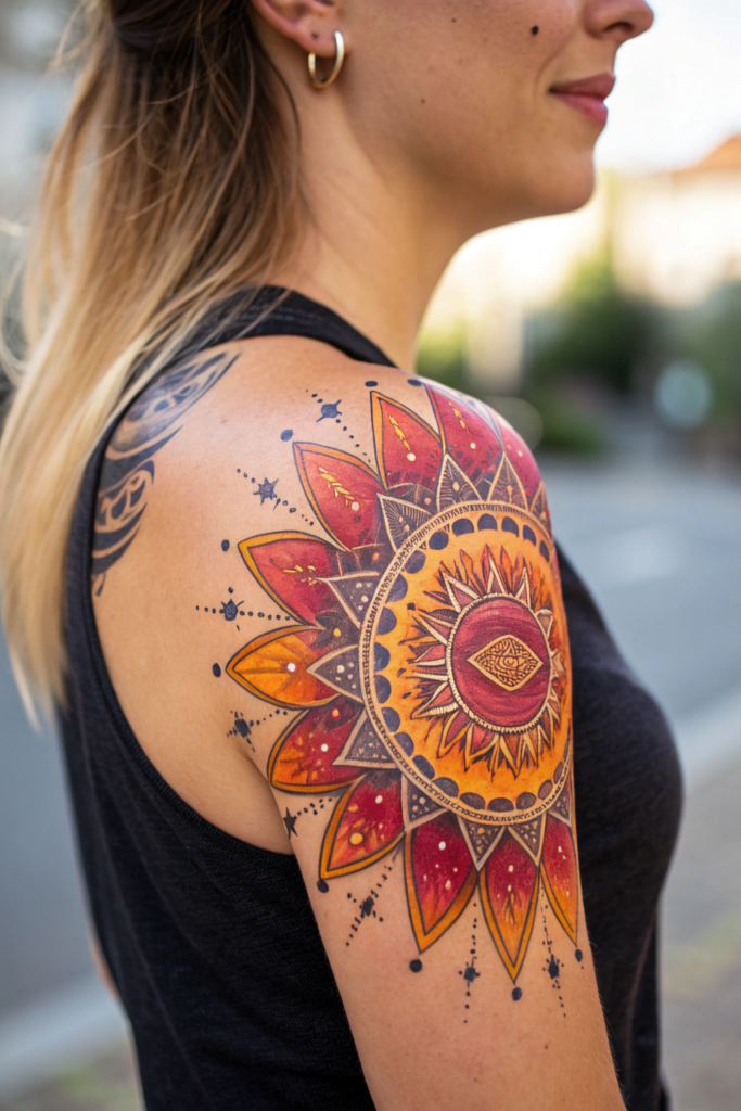 Half Mandala Tattoo Ideas: Solar Flare Half Mandala