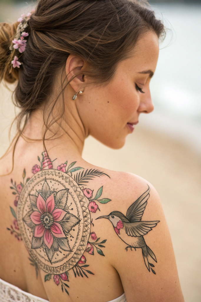 Half Mandala Tattoo Ideas: Hummingbird and Blossoms Half Mandala