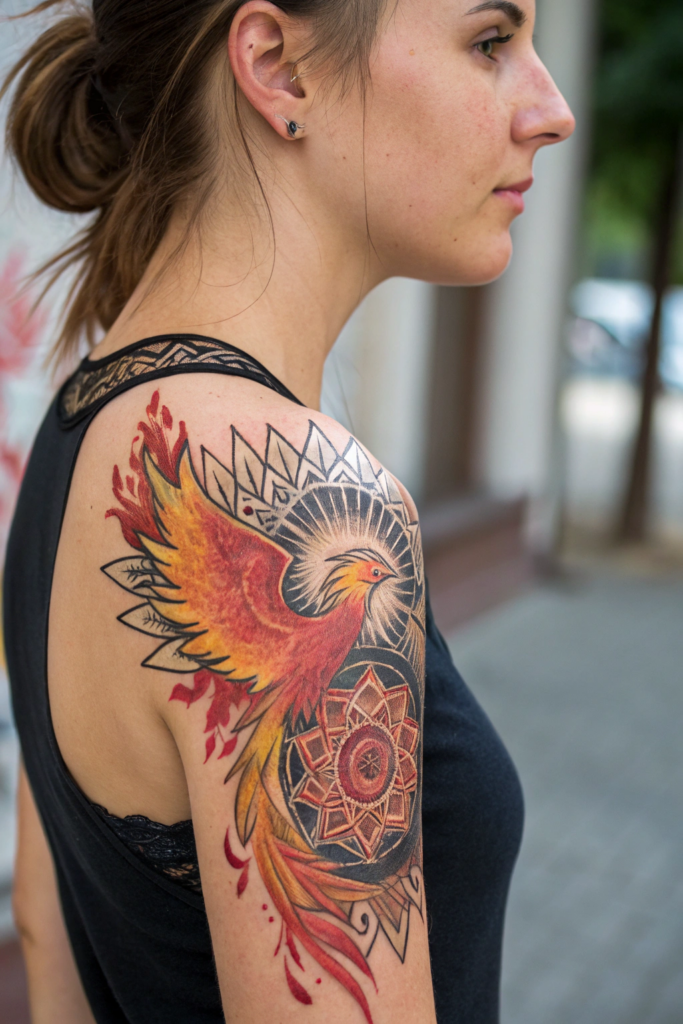 Half Mandala Tattoo Ideas: Phoenix Feather Half Mandala