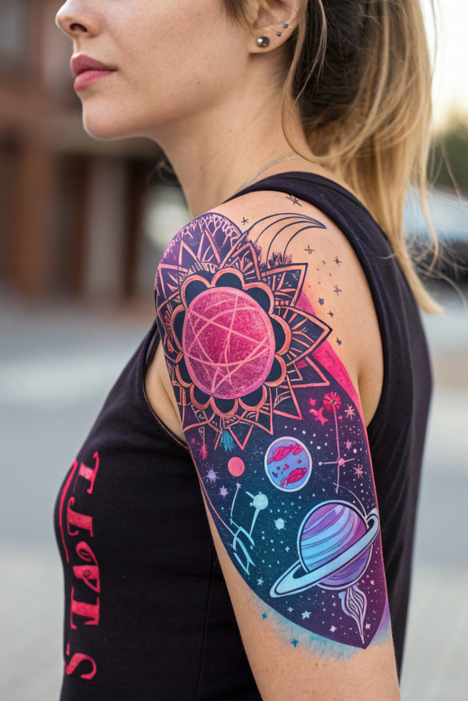 Half Mandala Tattoo Ideas: Retro Galaxy Half Mandala