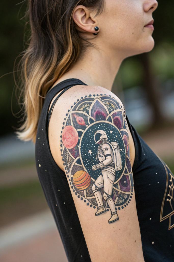 Half Mandala Tattoo Ideas: Astronaut in Space Half Mandala