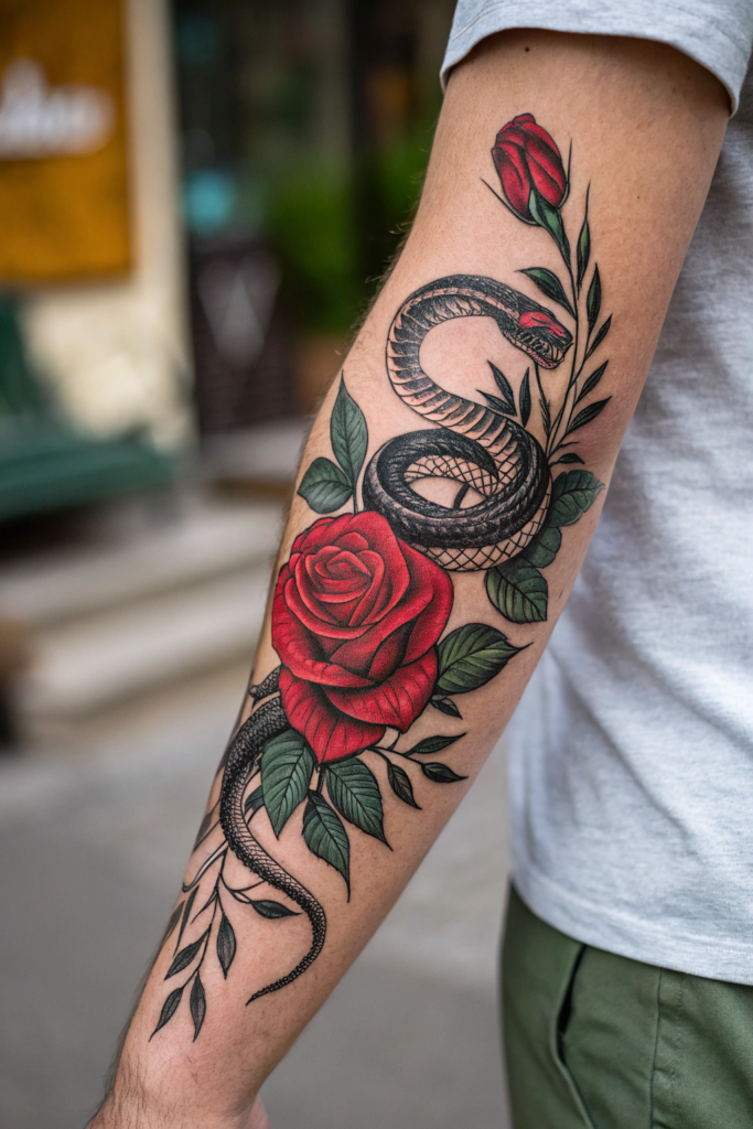 Snake Tattoos Ideas: Snake and Rose Duo