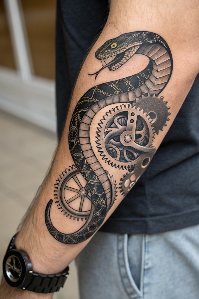 Snake Tattoos Ideas: Snake and Clockwork Mechanic Design