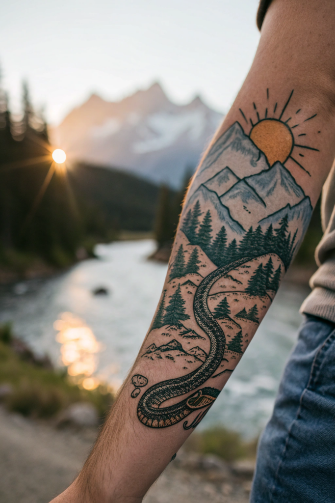 Snake Tattoos Ideas: Snake and Mountain Landscape