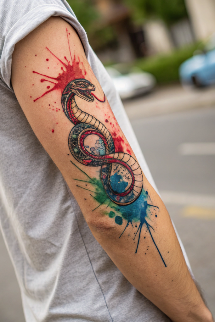 Snake Tattoos Ideas: Snake and Abstract Watercolor