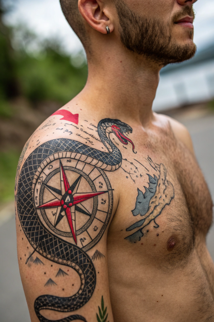 Snake Tattoos Ideas: Snake and Compass Fusion