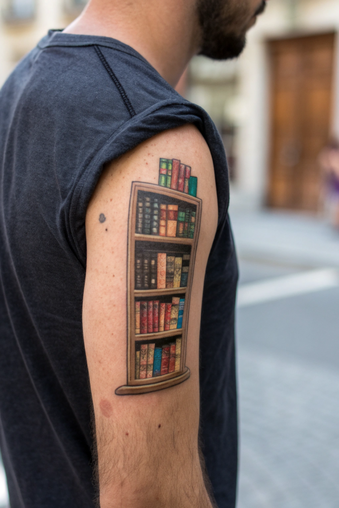 Booklover Tattoo Ideas: Floating Bookshelf with Your Favorite Titles