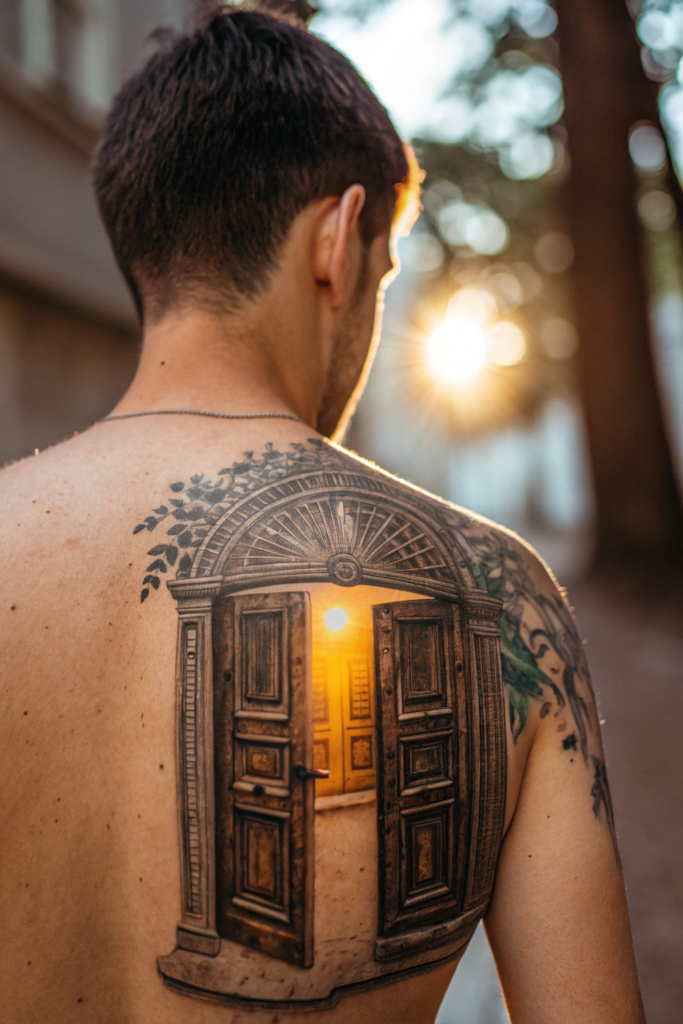 Booklover Tattoo Ideas: A Library Door with Light Peeking Through