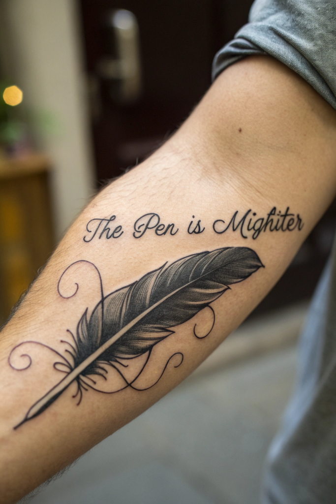 Booklover Tattoo Ideas: A Quill Writing Your Favorite Quote in Real-Time