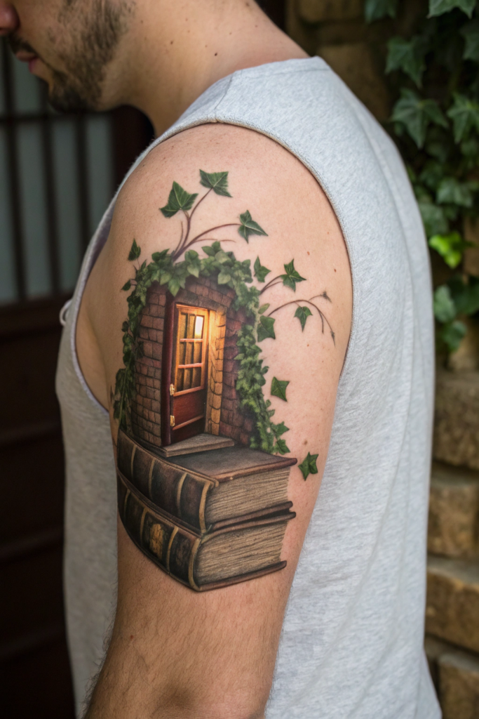 Booklover Tattoo Ideas: A Stack of Books with a Hidden Door