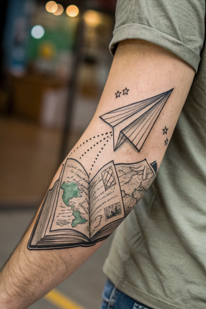 Booklover Tattoo Ideas: A Paper Airplane Soaring Through a Book