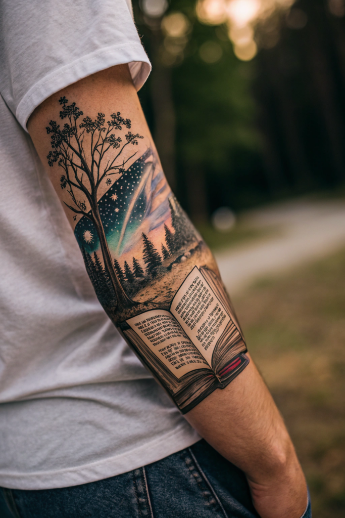 Booklover Tattoo Ideas: A Book with a Mirror Reflection of a Different World