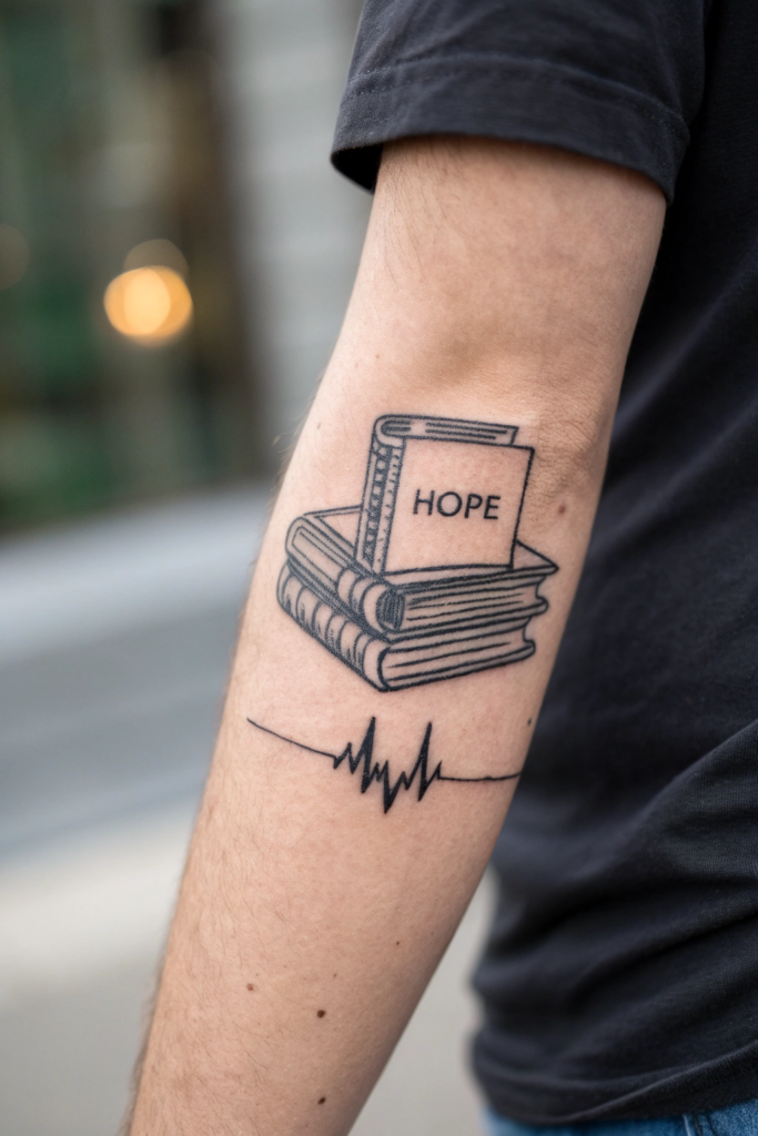 Booklover Tattoo Ideas: A Book Spine with a Heartbeat Linea